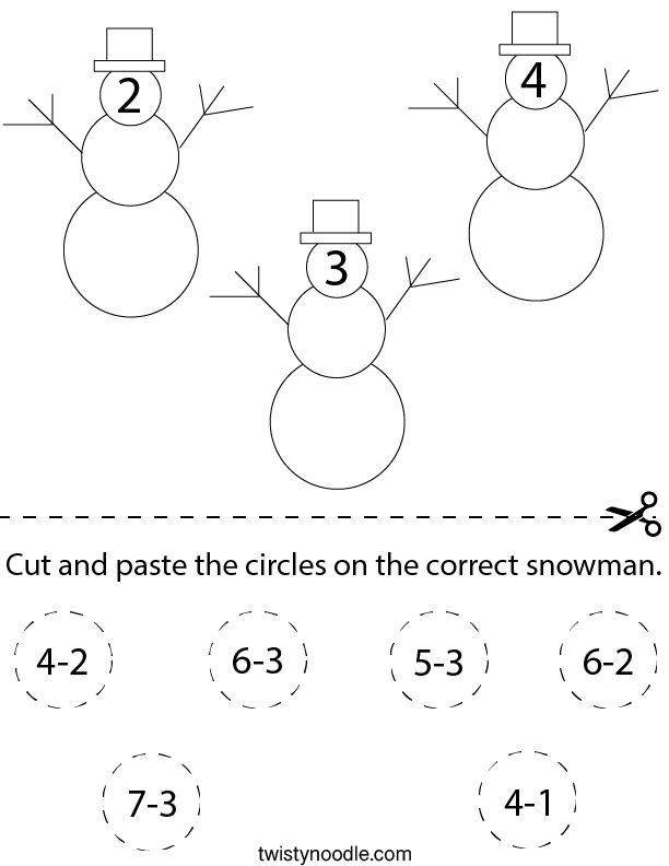 Subtraction Cut And Paste The Circles On The Correct Snowman Math Worksheet Twisty Noodle